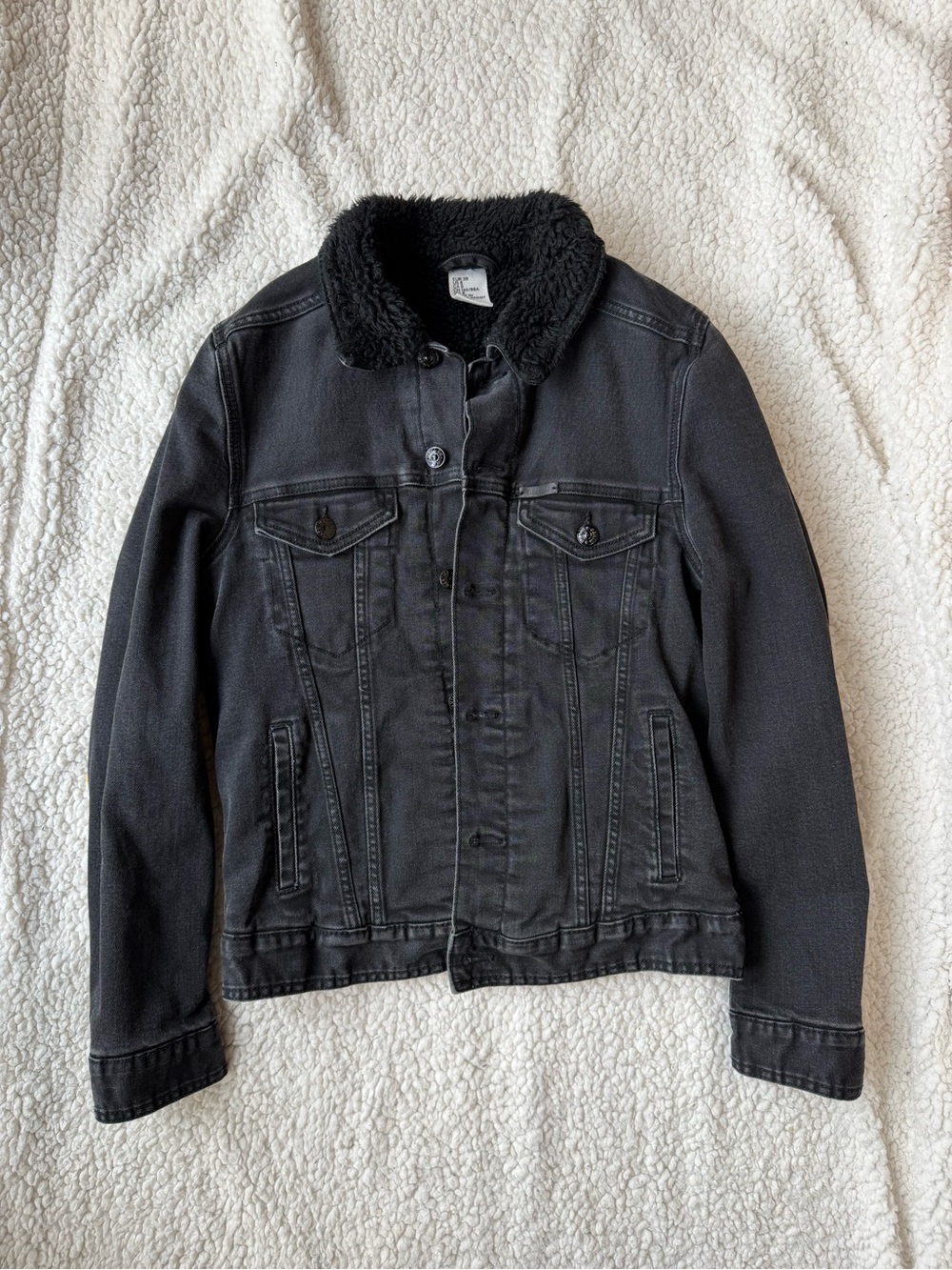 H&M &Denim Washed Black Sherpa Lined Denim Trucker Jacket Sz 8